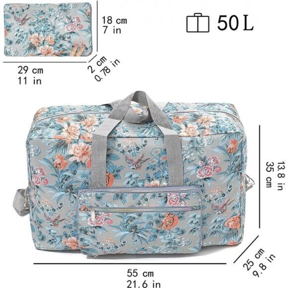 Blue Floral Printed Foldable Travel Duffel Bag Overnight Weekender‎ Bag Carry On - Picture 3 of 6